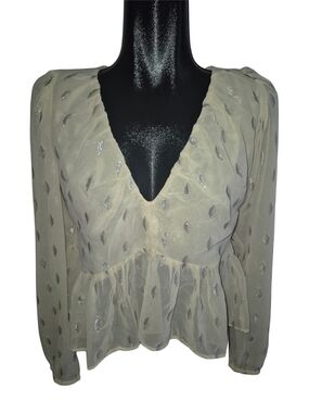 H&M Women’s Cream And Silver Leaf Print Long-Sleeve V-Neck Peplum Crop Top M